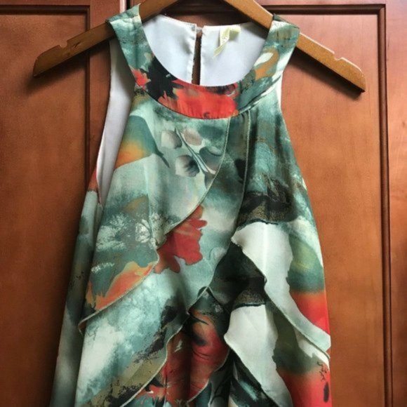 CHENAULT | Green & Burnt Orange Floral Ruffled Dressy Tank Top | Sz S - Picture 3 of 9